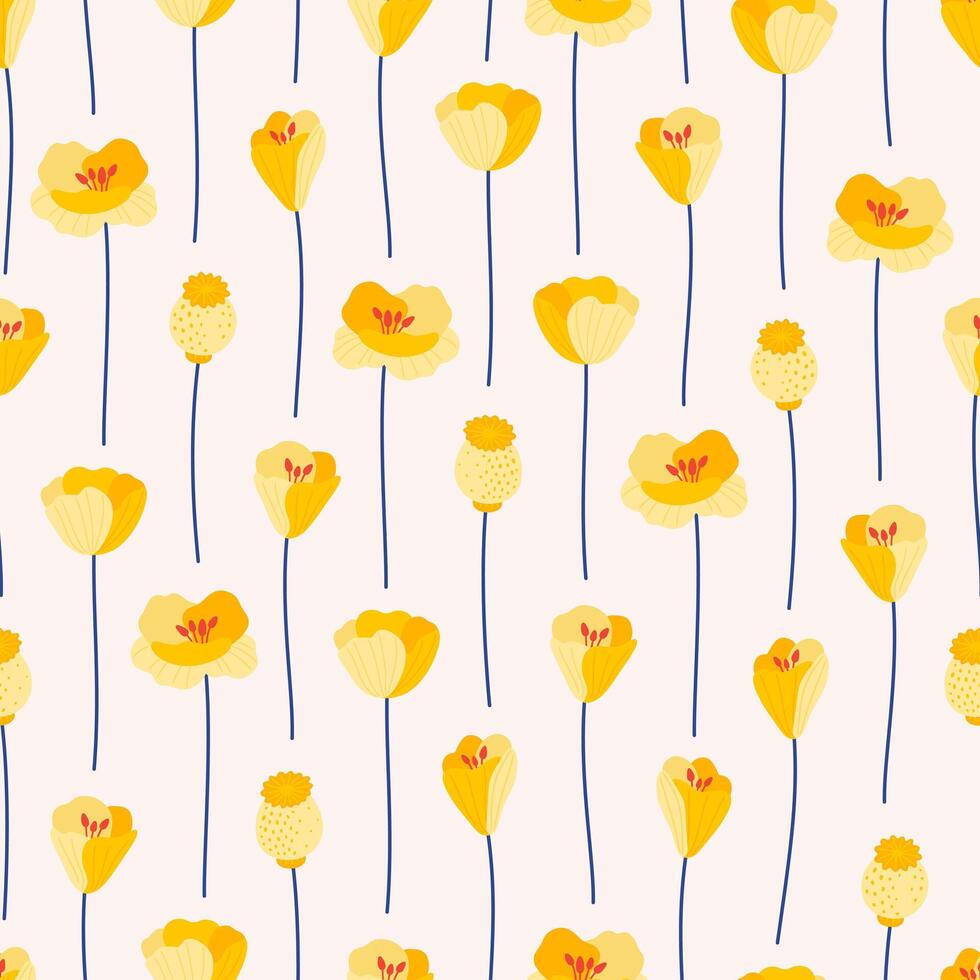 amarelo papoula em uma bege fundo, desatado padronizar. verão brilhante floral vetor ilustração. Primavera Prado botânico imprimir, flores silvestres tecido. moderno estilo Projeto