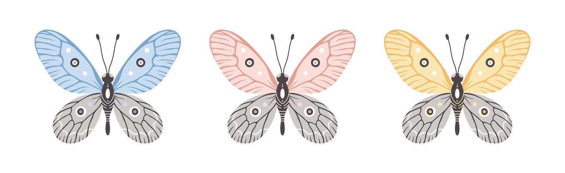 conjunto do azul, rosa, e amarelo borboletas, vetor ilustração. mosca inseto asas com abstrato ornamento, frente visualizar, uma símbolo para tatuagem Projeto. verão fundo