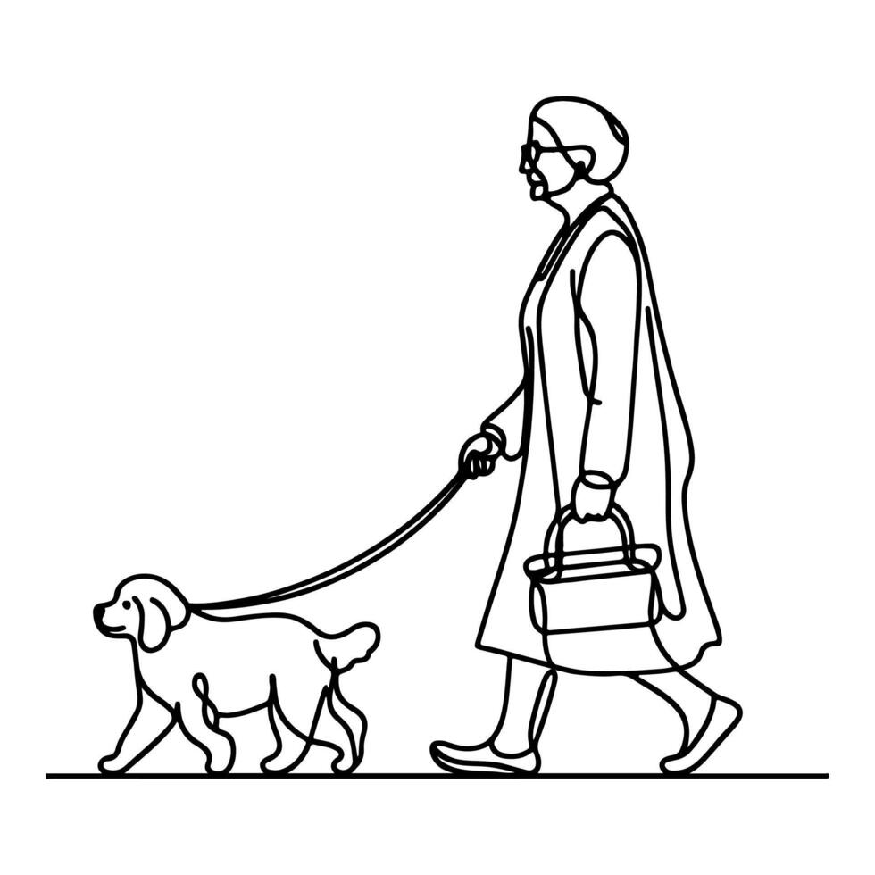 contínuo solteiro Preto linear linha esboço desenhando pessoa caminhando com cachorro cachorro rabisco vetor ilustração em branco
