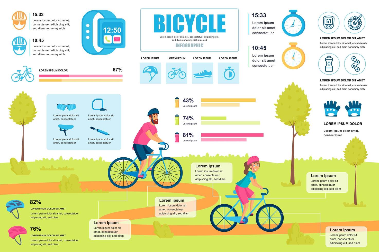 banner conceito de bicicleta com elementos de infográfico. atletas de ciclismo, atividade esportiva e estilo de vida saudável. modelo de pôster com visualização de dados gráficos, linha do tempo, fluxo de trabalho. ilustração vetorial vetor