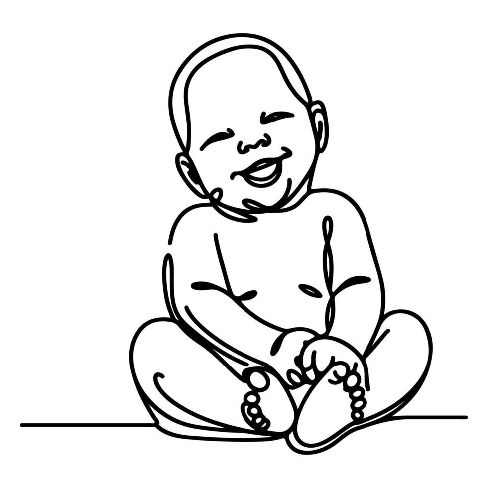 contínuo 1 Preto linha arte mão desenhando criança sentado sozinho rabiscos esboço desenho animado estilo coloração página vetor ilustração em branco fundo