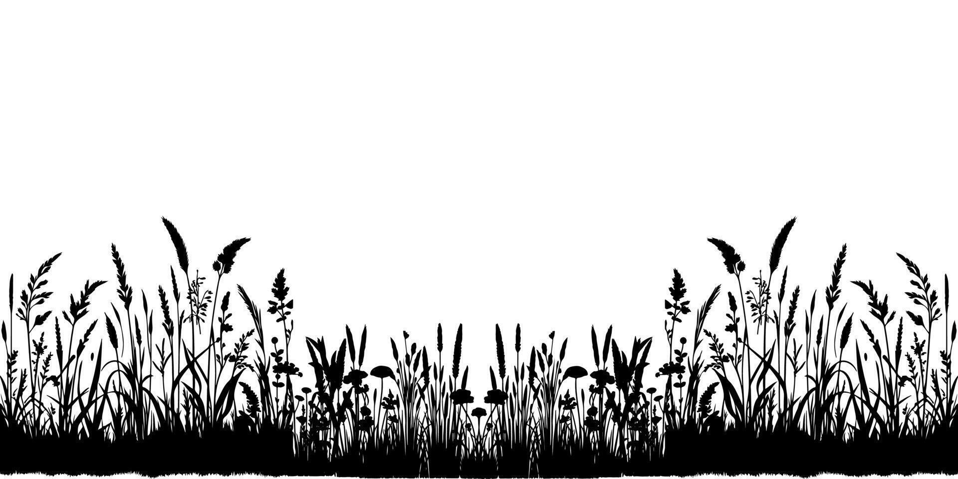 horizontal Preto Relva terra silhuetas. cultivado gramado vetor ilustração em branco fundo com cópia de espaço para texto