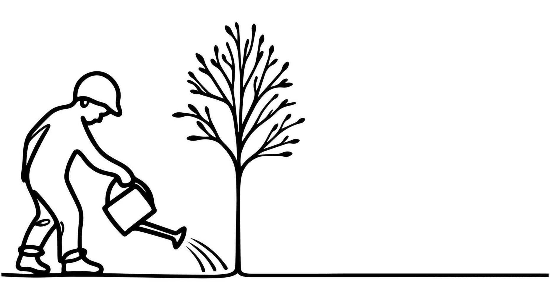 contínuo 1 Preto linha arte desenhando silhueta do crianças rega uma árvore. plantio árvore para Salve  a mundo e terra dia reduzir global aquecimento crescimento conceito vetor ilustração em branco fundo