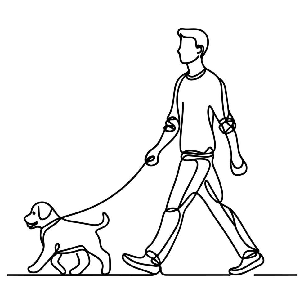 contínuo solteiro Preto linear linha esboço desenhando pessoa caminhando com cachorro cachorro rabisco vetor ilustração em branco