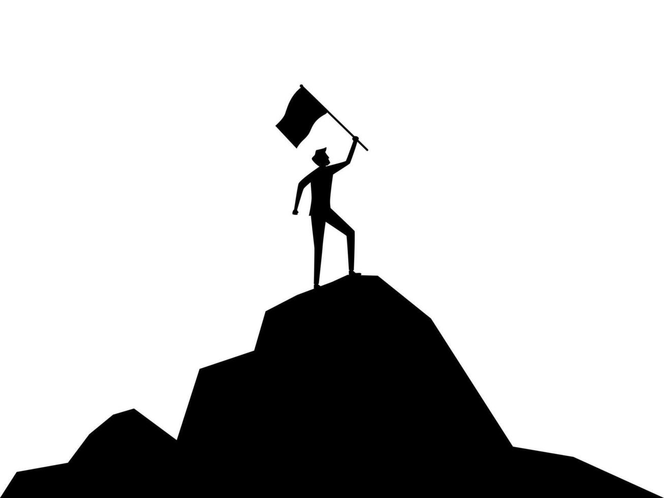 silhueta do uma homem levantando uma bandeira em a topo do uma montanha. vetor