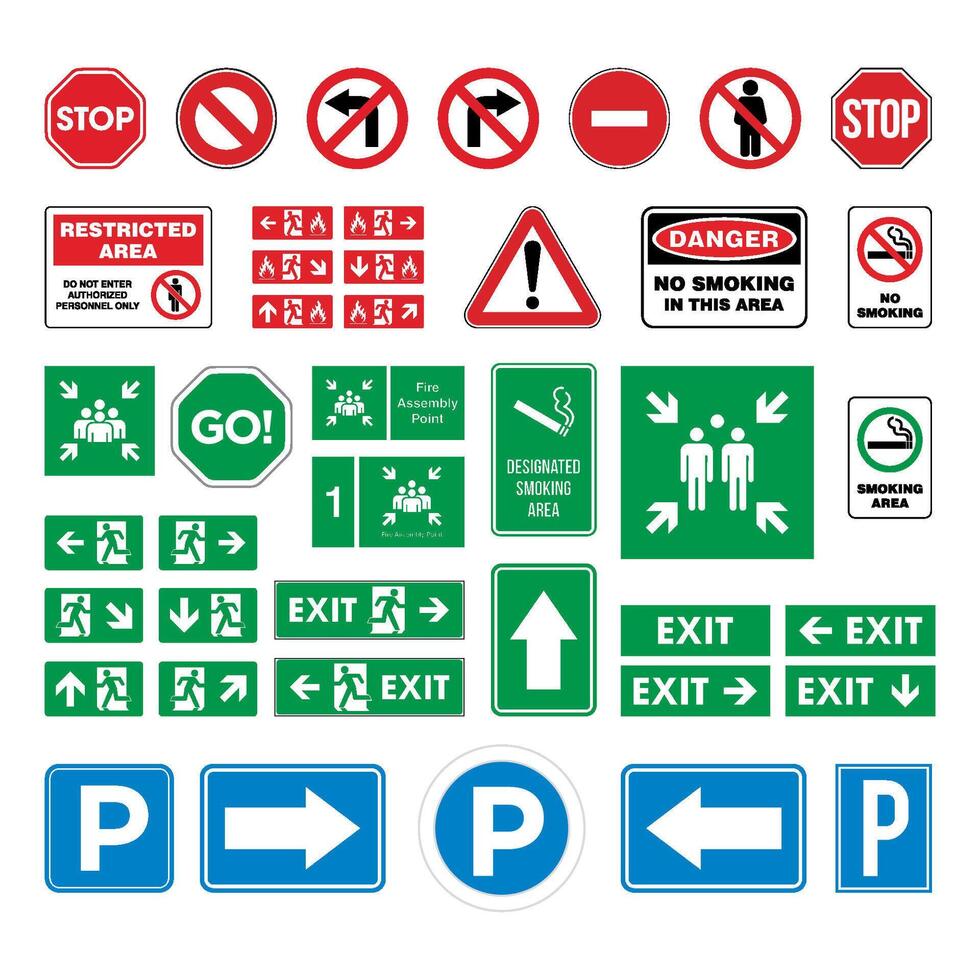 conjunto rua sinal, evacuar sinal, fumar área, não fumar sinal, estacionamento sinal, parar, fogo montagem ponto vetor modelo