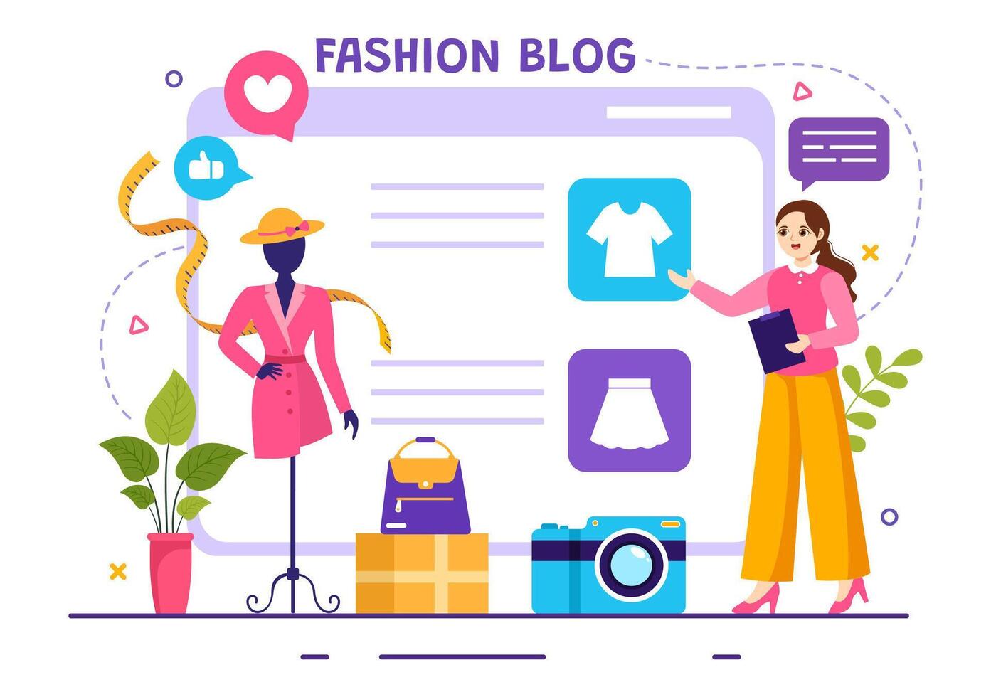 moda blog vetor ilustração com blogueiros Reveja videos do elegante roupas tendências e corre conectados dentro plano desenho animado fundo estilo