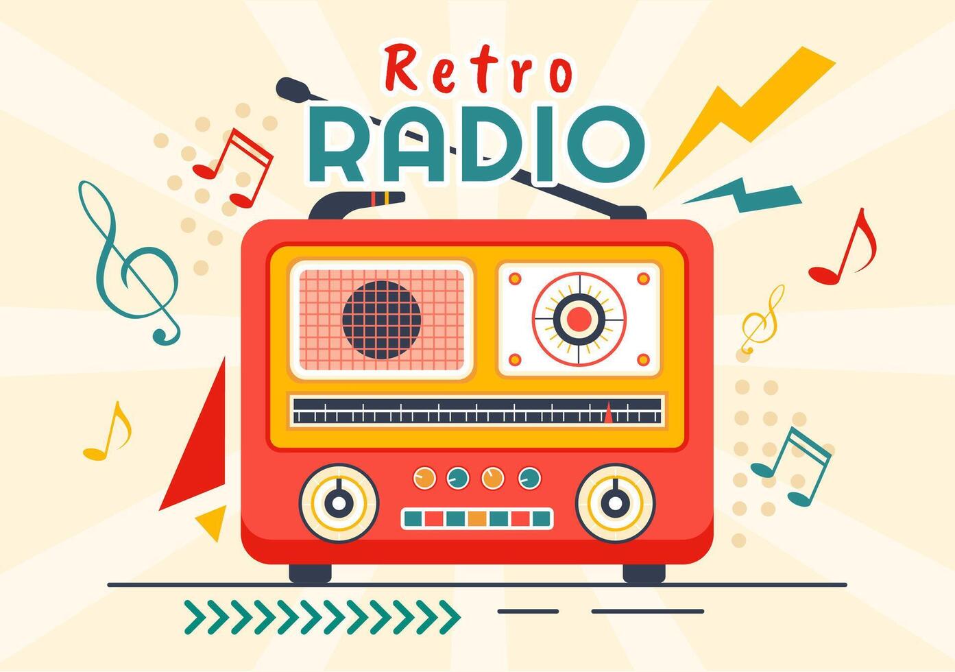 retro rádio vetor ilustração com jogador estilo para registro, velho receptor, entrevistas celebridade e ouvindo para música dentro plano desenho animado fundo