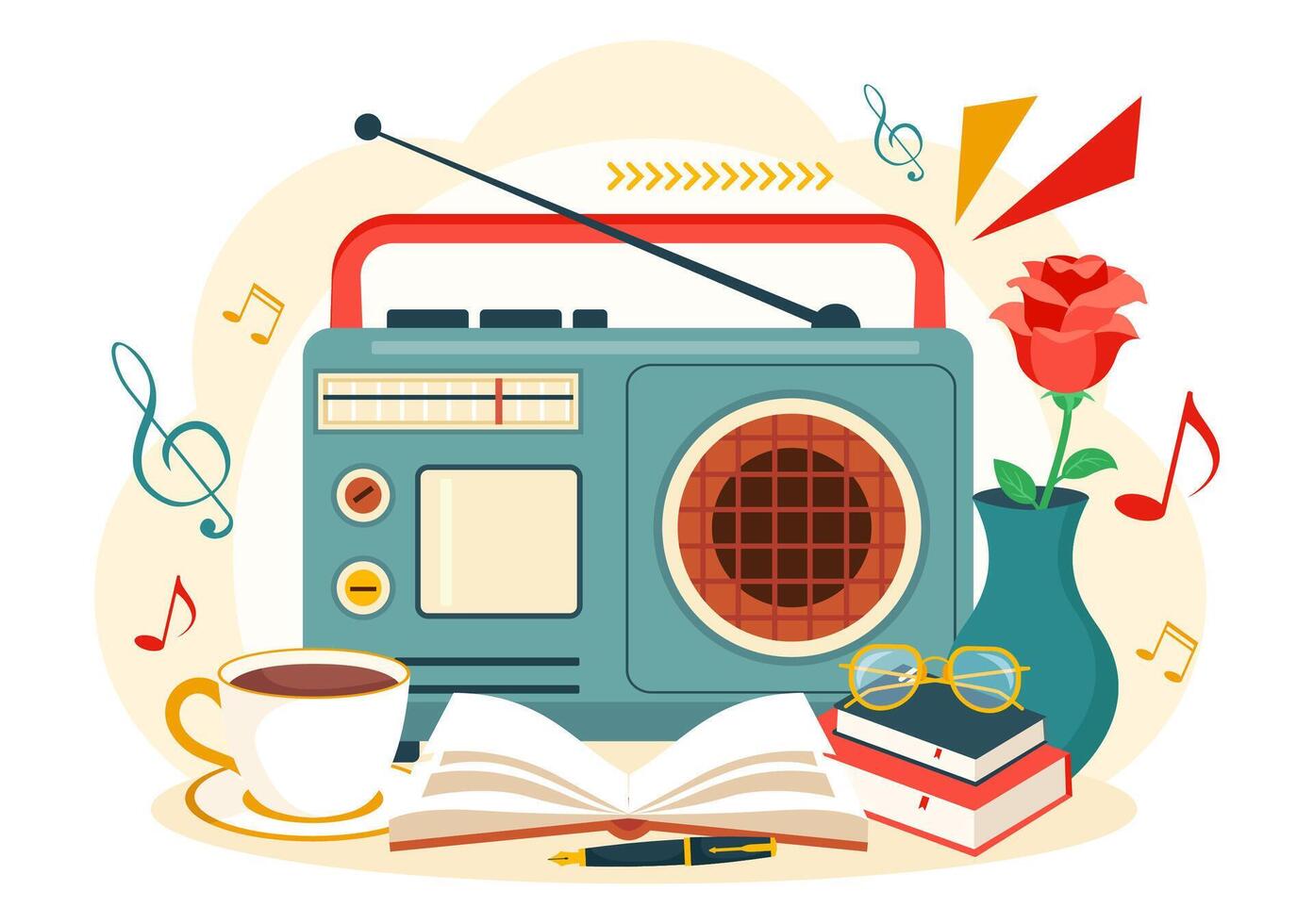 retro rádio vetor ilustração com jogador estilo para registro, velho receptor, entrevistas celebridade e ouvindo para música dentro plano desenho animado fundo