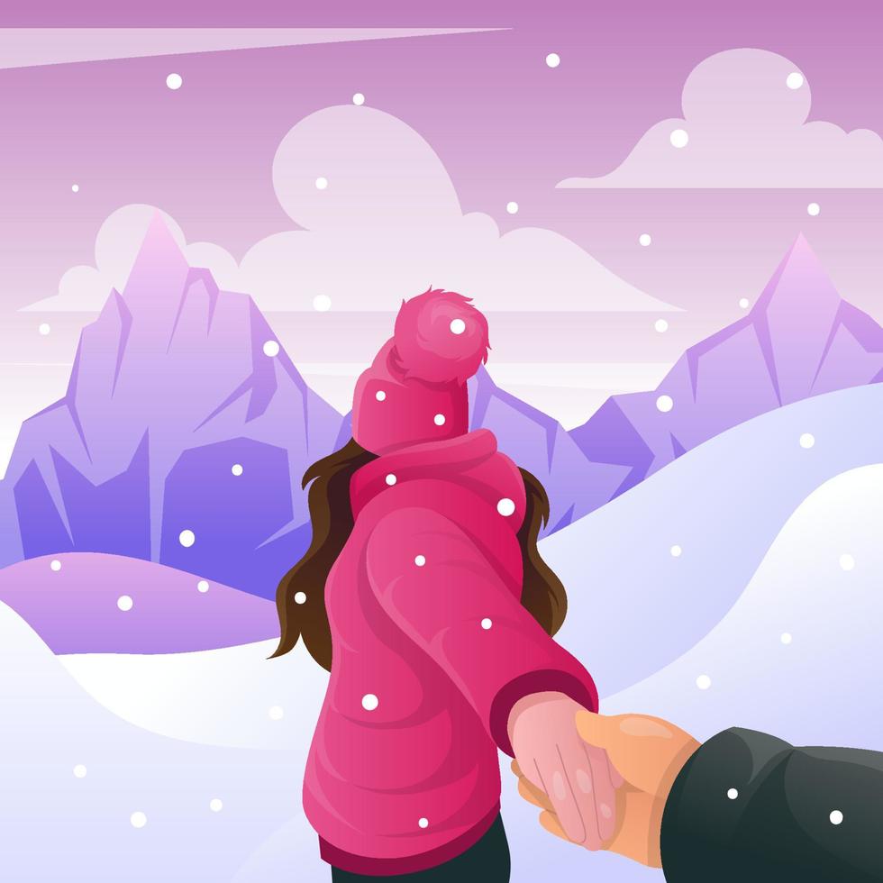 casal na montanha de neve vetor