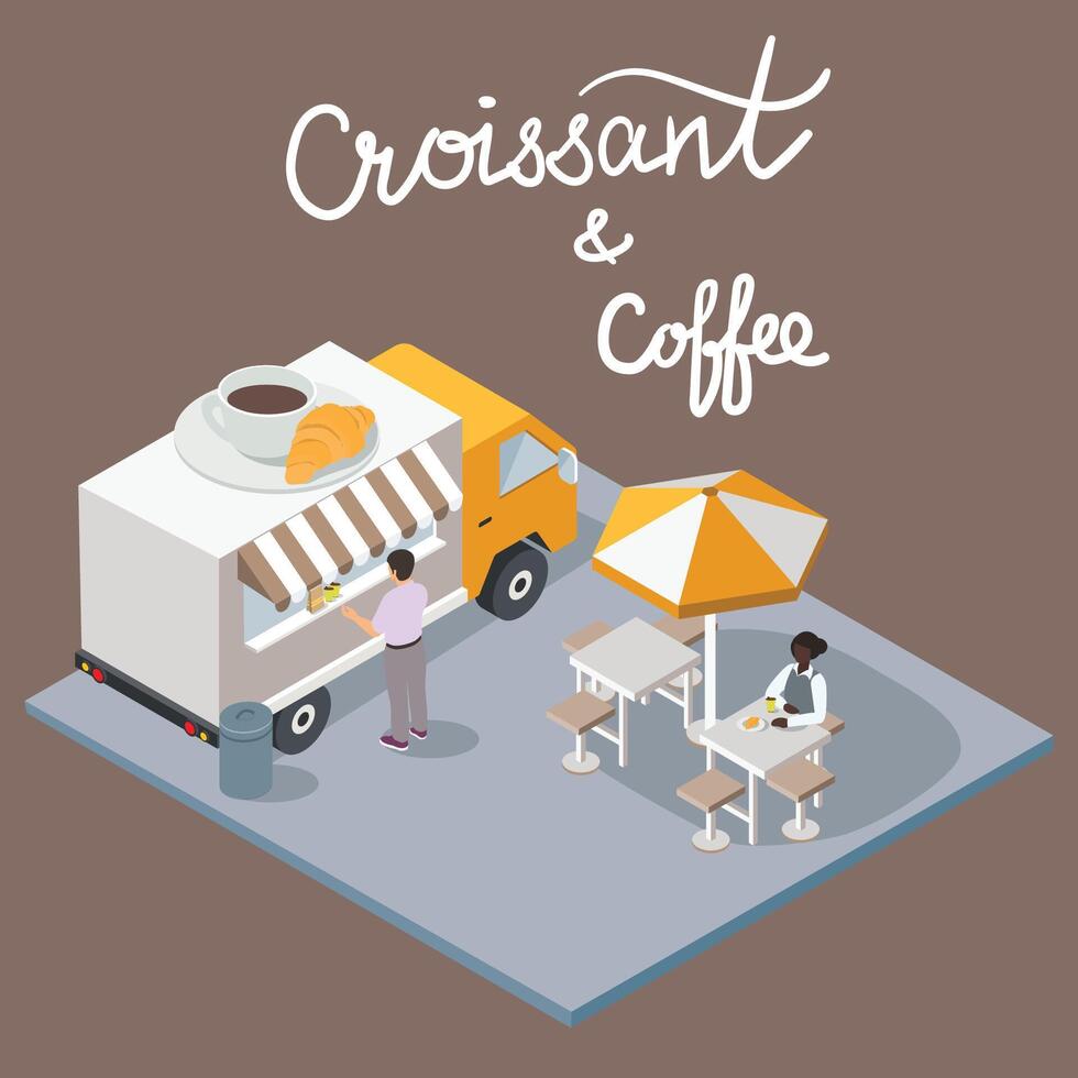 isométrico café e croissant cafeteria com roteiro rotulação. café pausa Comida caminhão Entrega mestre. rua Comida chefe de cozinha infográfico. 3d plano vetor