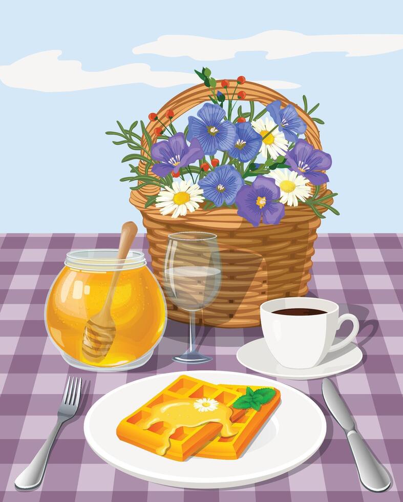 vetor ilustração do mão desenhado café da manhã com café, waffles, flor cesta e querida