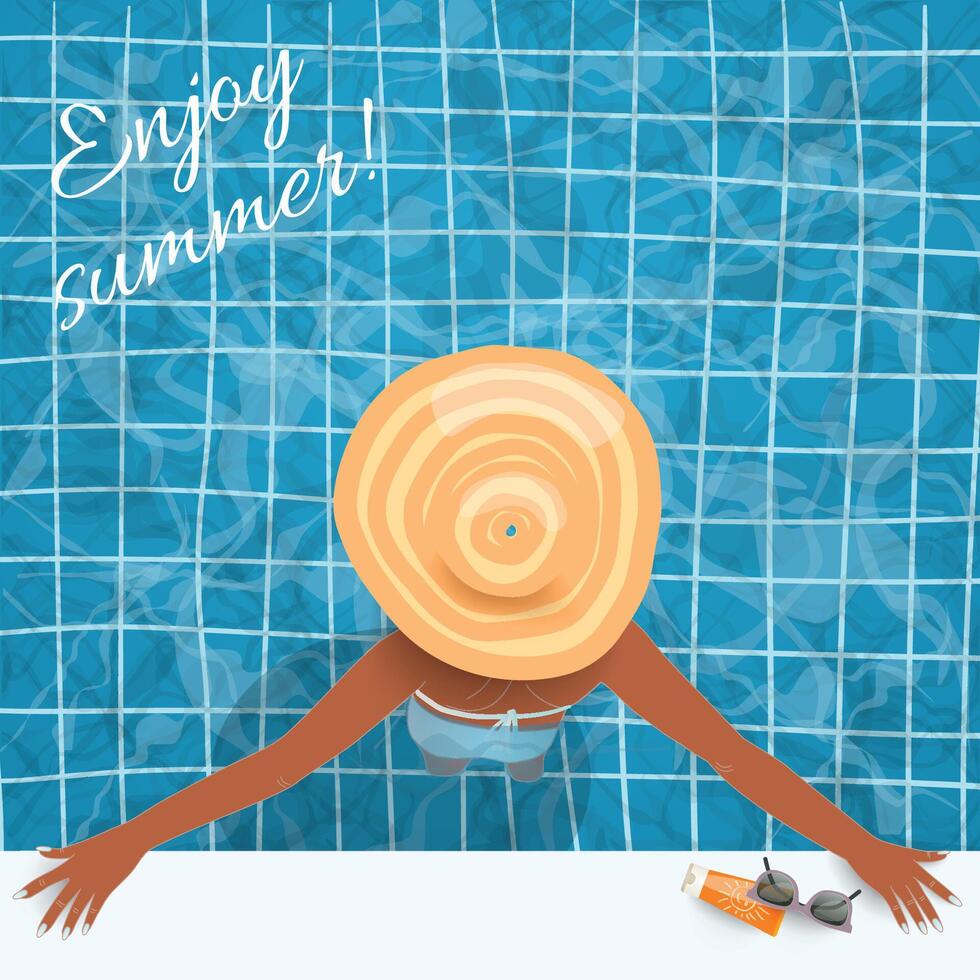 Preto africano americano mulher vestindo Palha chapéu dentro a natação piscina, topo costas visualizar, vetor ilustração, apreciar verão texto