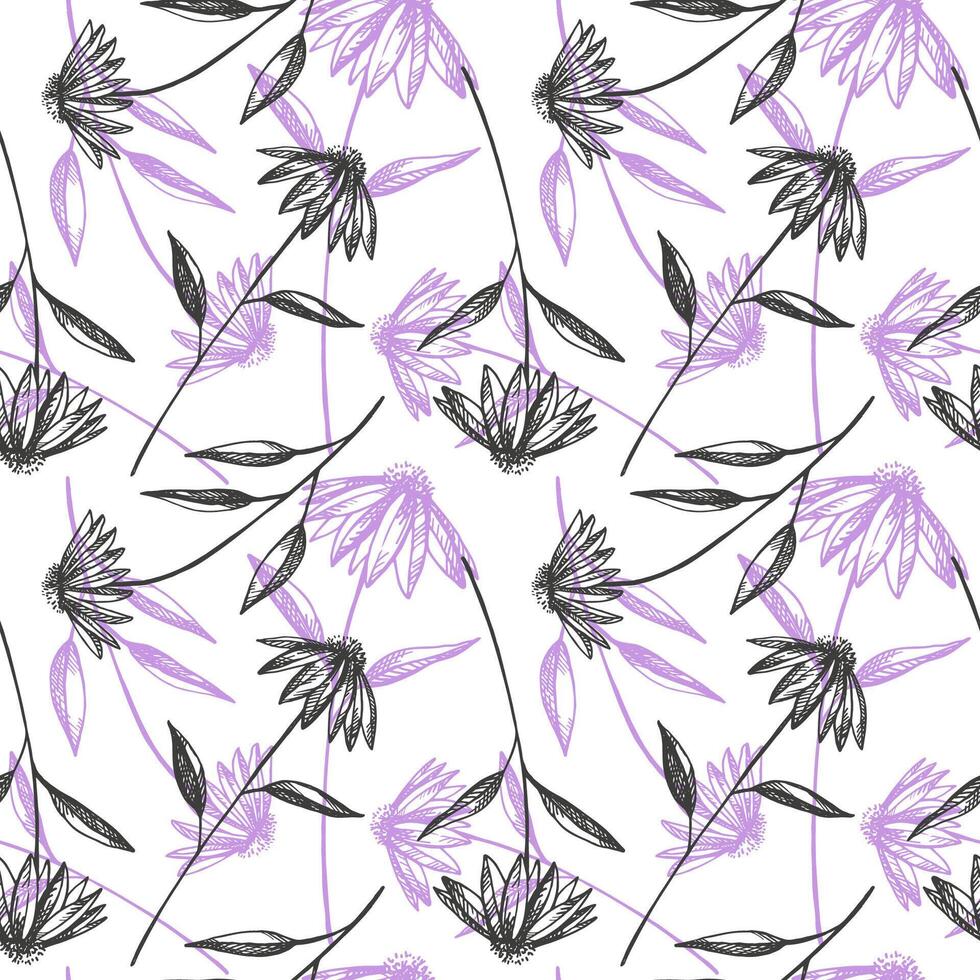 echinacea flores esboço dentro desatado padronizar mão desenhado recorrente fundo vetor ilustração com floreta folhas. Projeto ervas gravado botânico plantar pano de fundo para chá, orgânico Cosmético, remédio