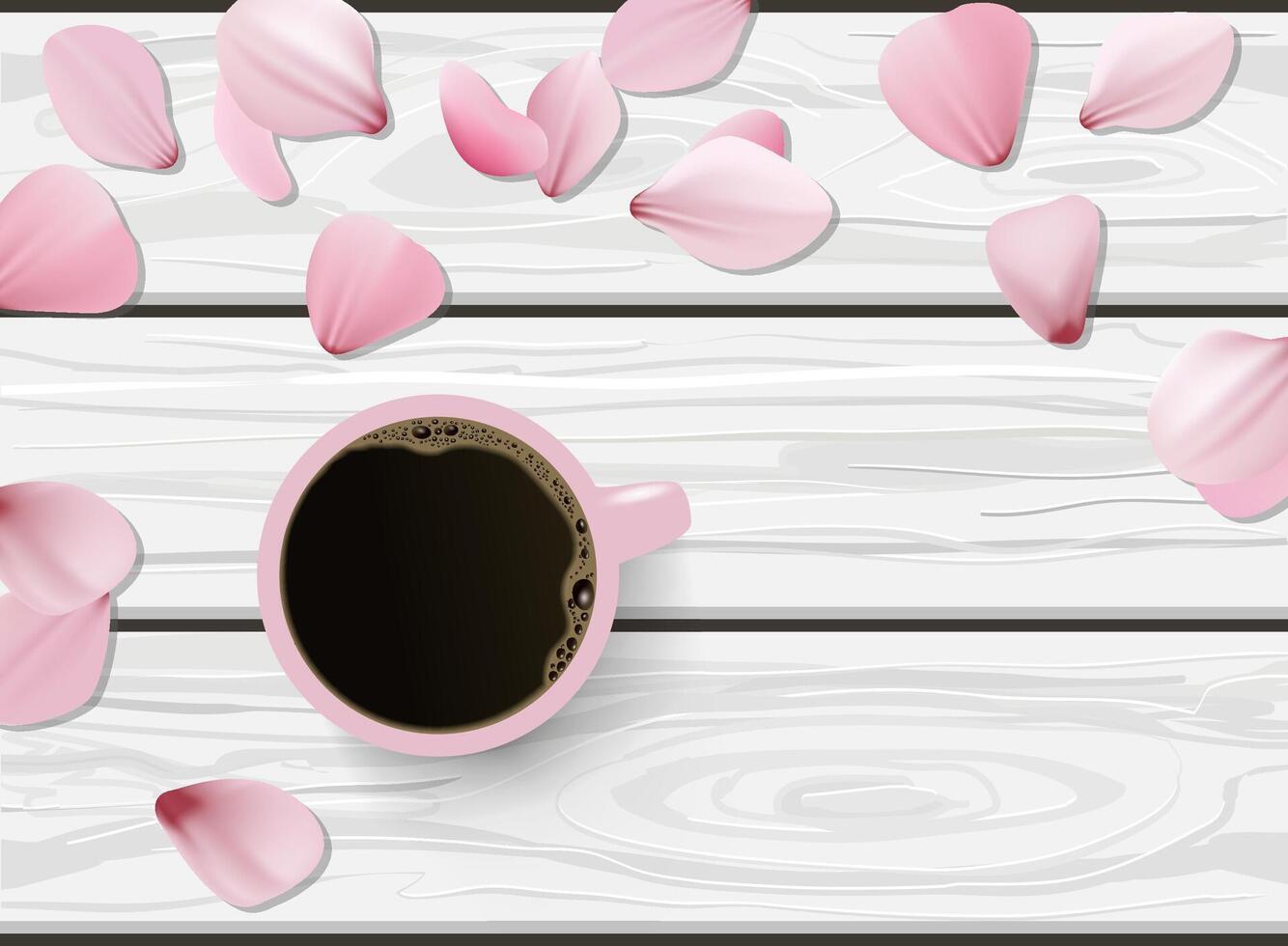 mão desenhado de madeira vetor plano deitar com Rosa copo do café e espalhados sakura pétalas. negativo espaço