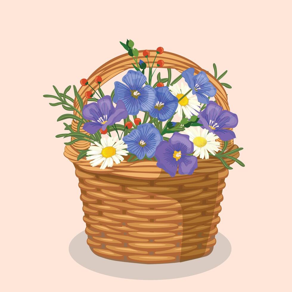 mão desenhado vetor ilustração do selvagem buquê de flores dentro uma vime cesta