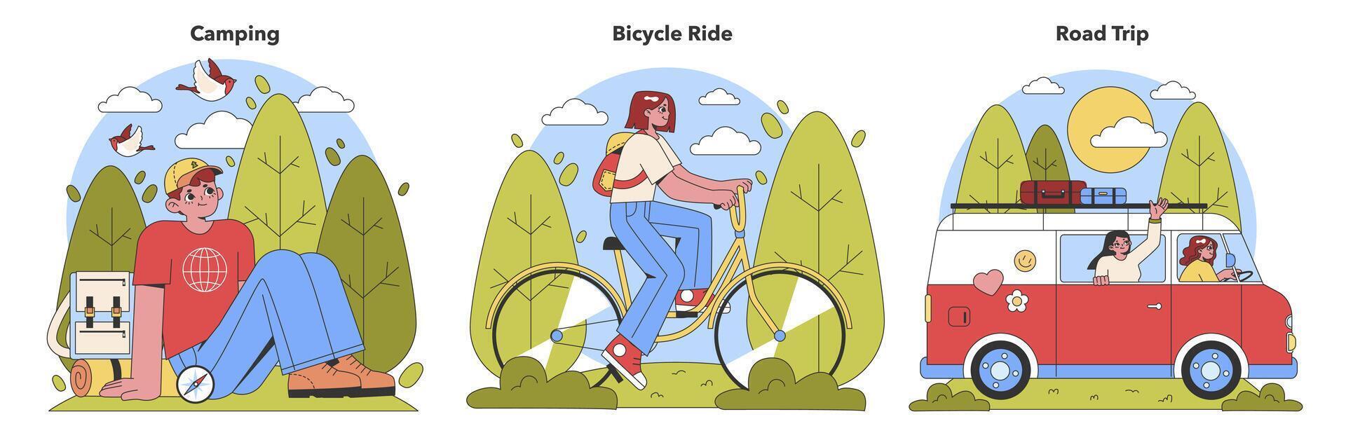 vibrante vetor ilustrações retratar a excitação do ao ar livre Atividades. uma campista relaxante, uma ciclista em uma jornada, e amigos em uma alegre estrada viagem.