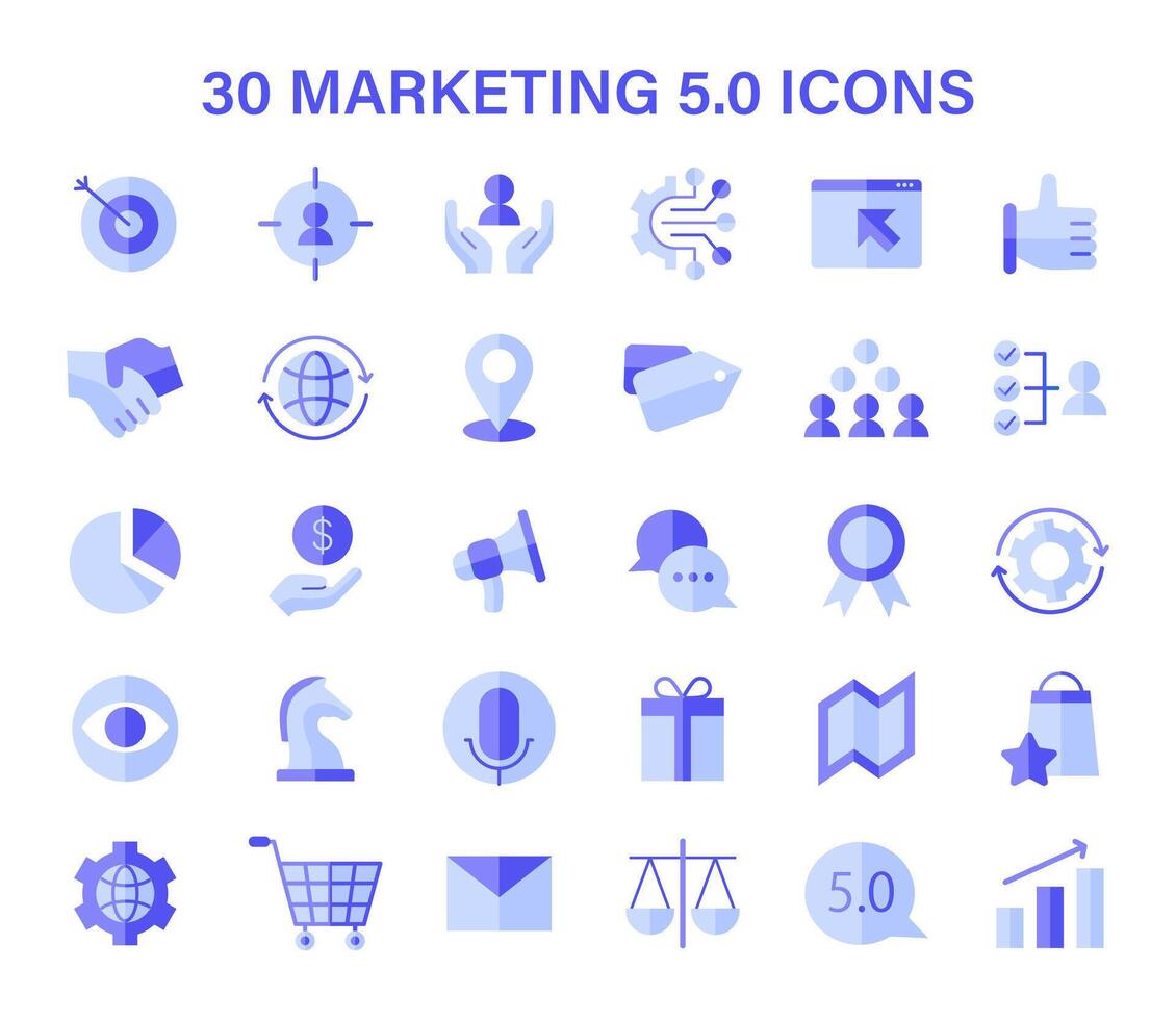 marketing 5,0 ícone definir. essencial visual elementos representando avançado digital marketing vetor
