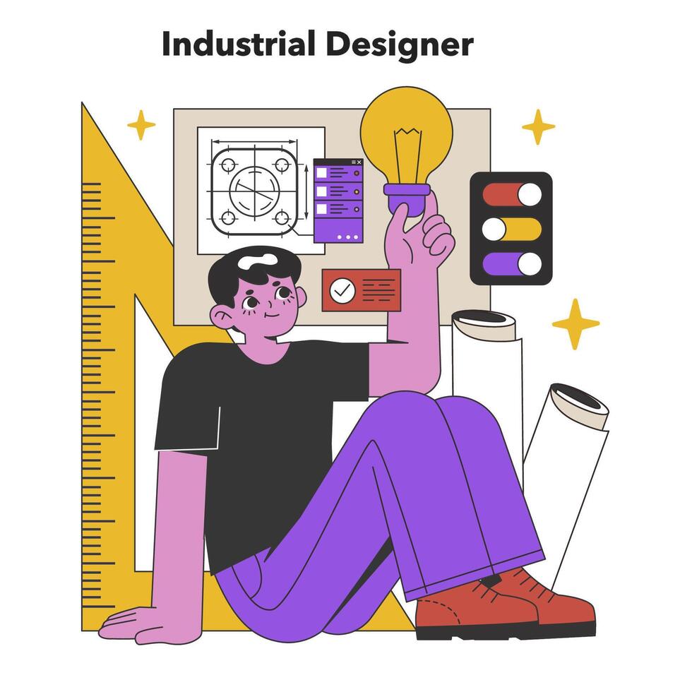 Inovativa industrial desenhador conceitualizando produtos. plano vetor ilustração.