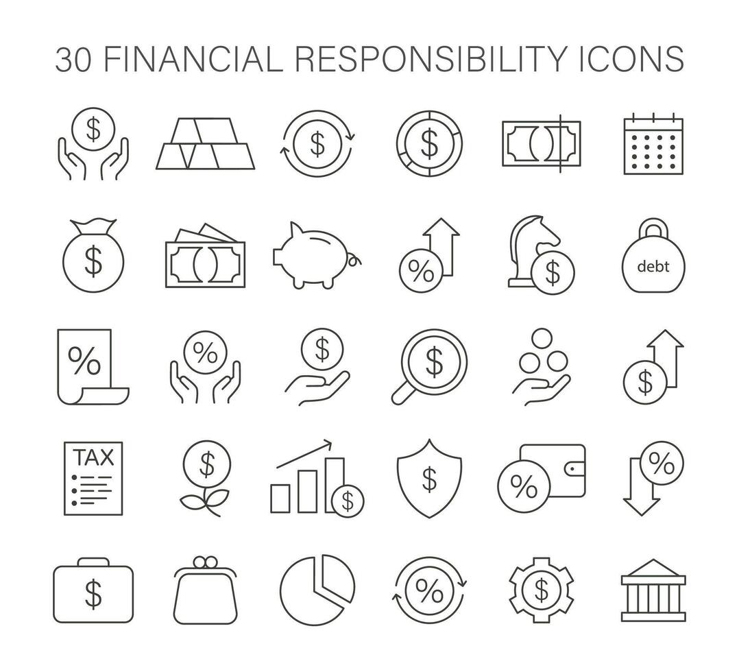 uma coleção do financeiro responsabilidade ícones, representando poupança, vetor