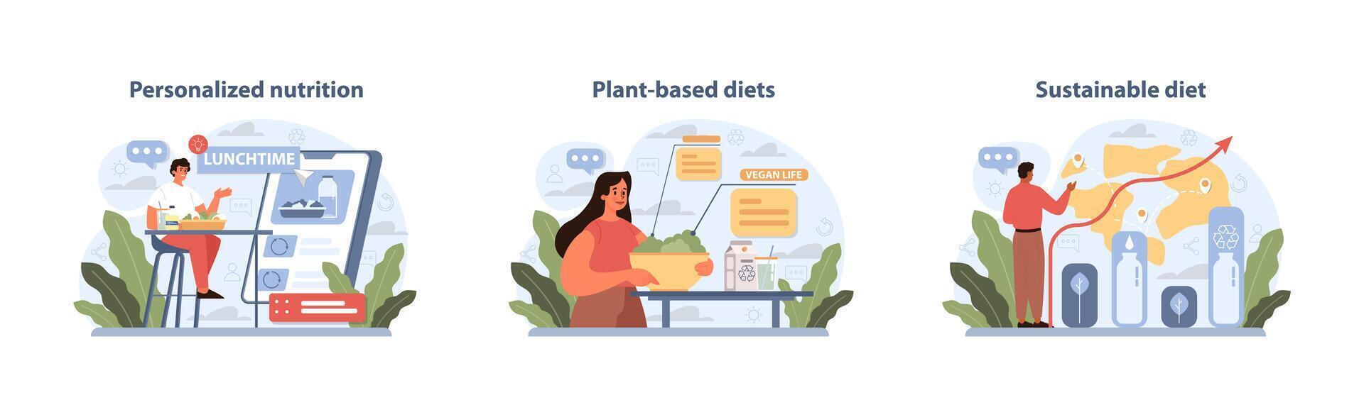 dietético tendências conceito definir. moderno nutrição escolhas retratado através personalizado refeição planos. vetor