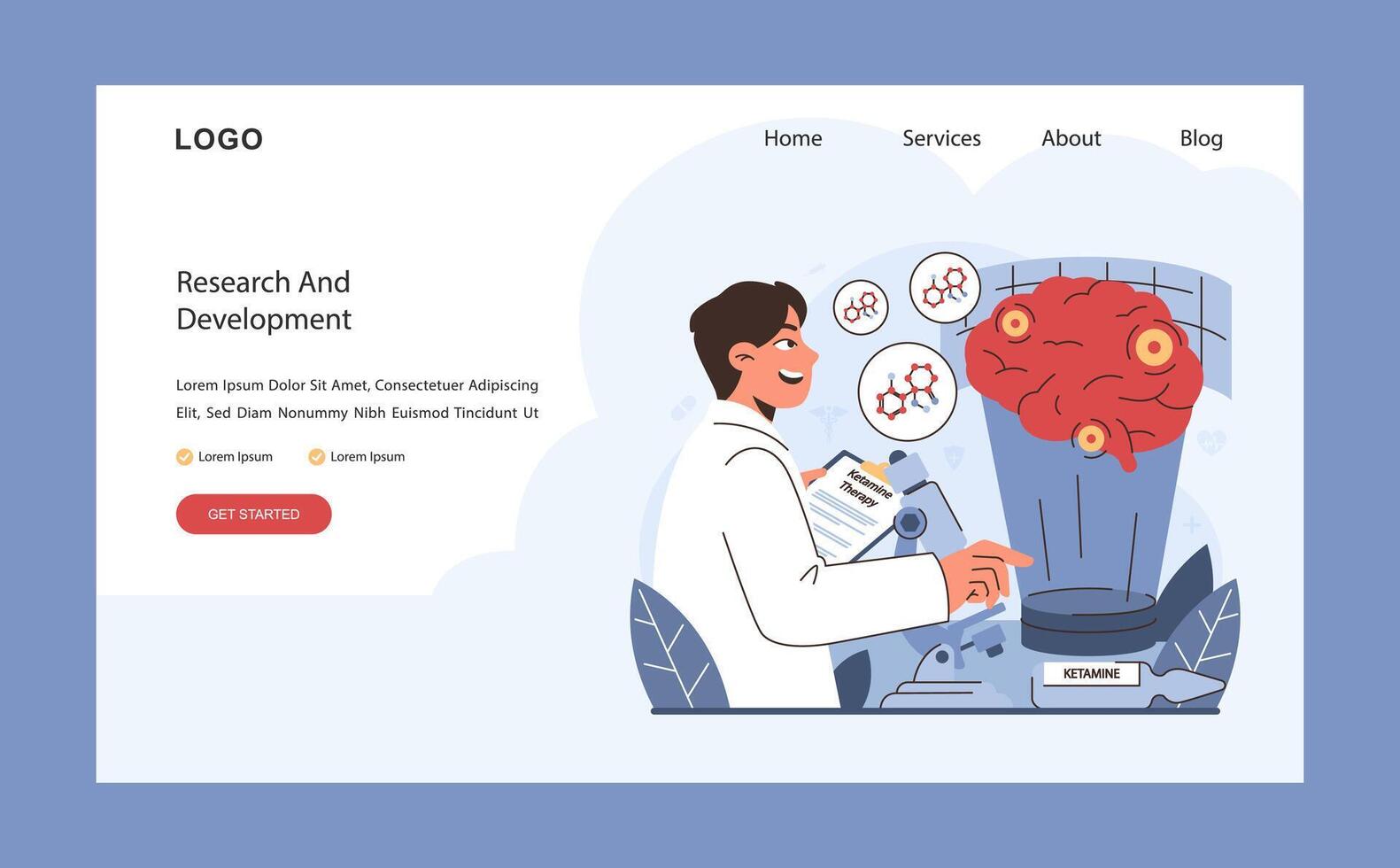pesquisa e desenvolvimento dentro cetamina terapia. plano vetor ilustração.