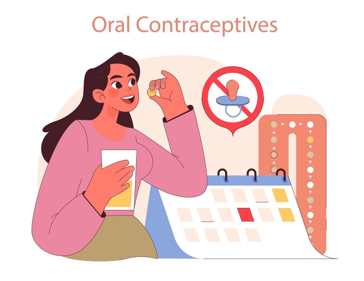 tipos do contracepção. mulher leva oral contraceptivo comprimido, uma diariamente vetor