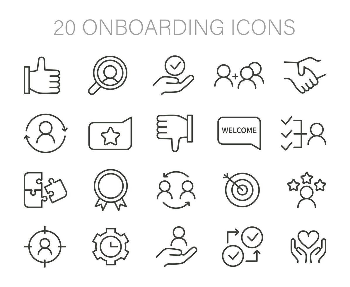 onboarding ícones definir. ícones representando chave passos dentro acolhedor e integrando Novo membros. vetor