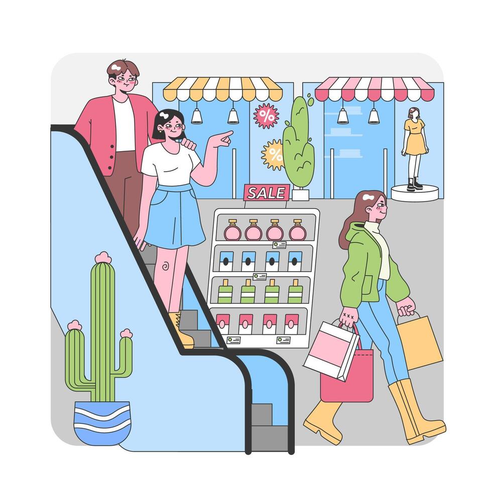 vibrante compras dia cena. plano vetor ilustração.