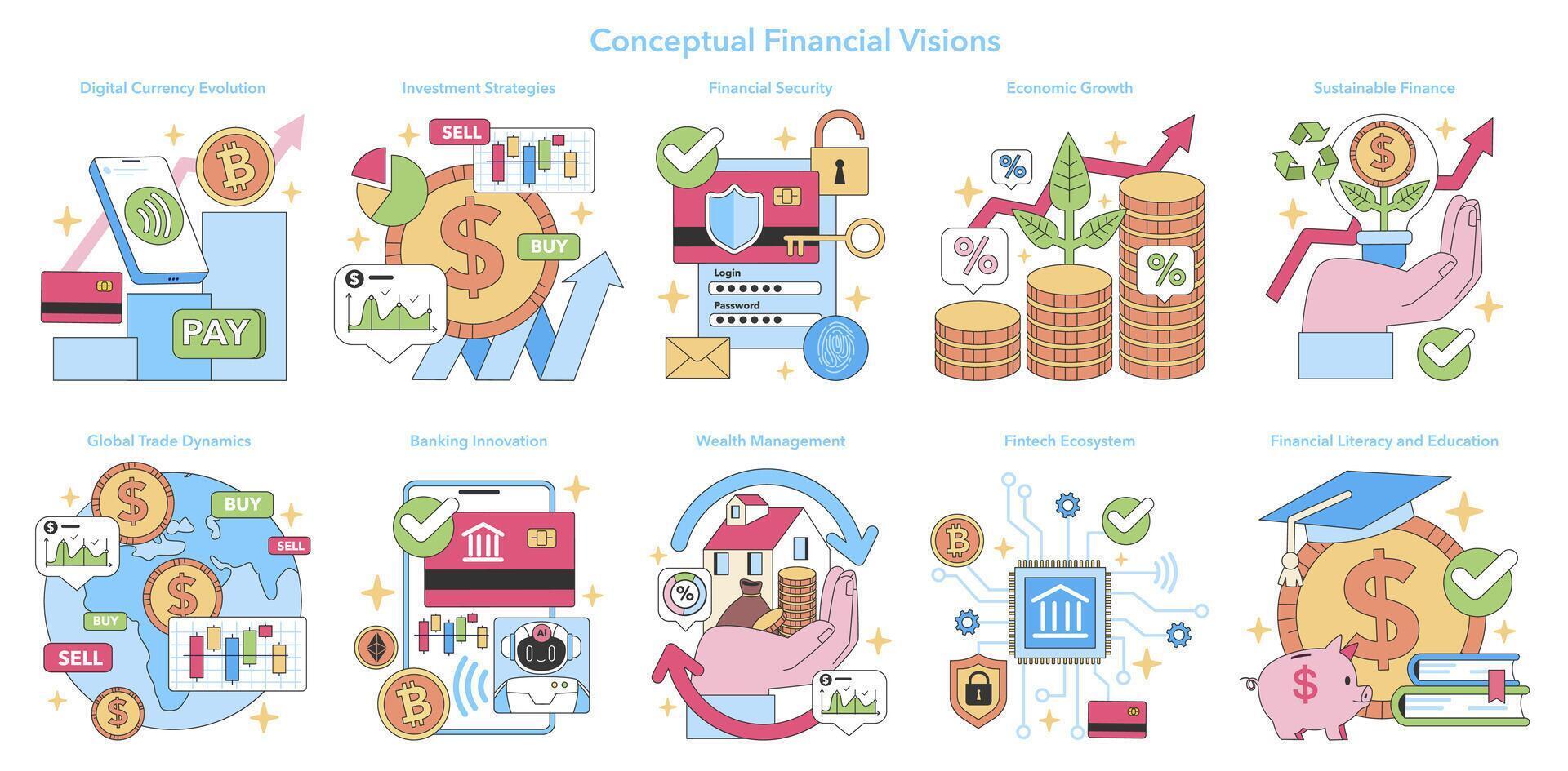 financeiro visões definir. plano vetor ilustração.