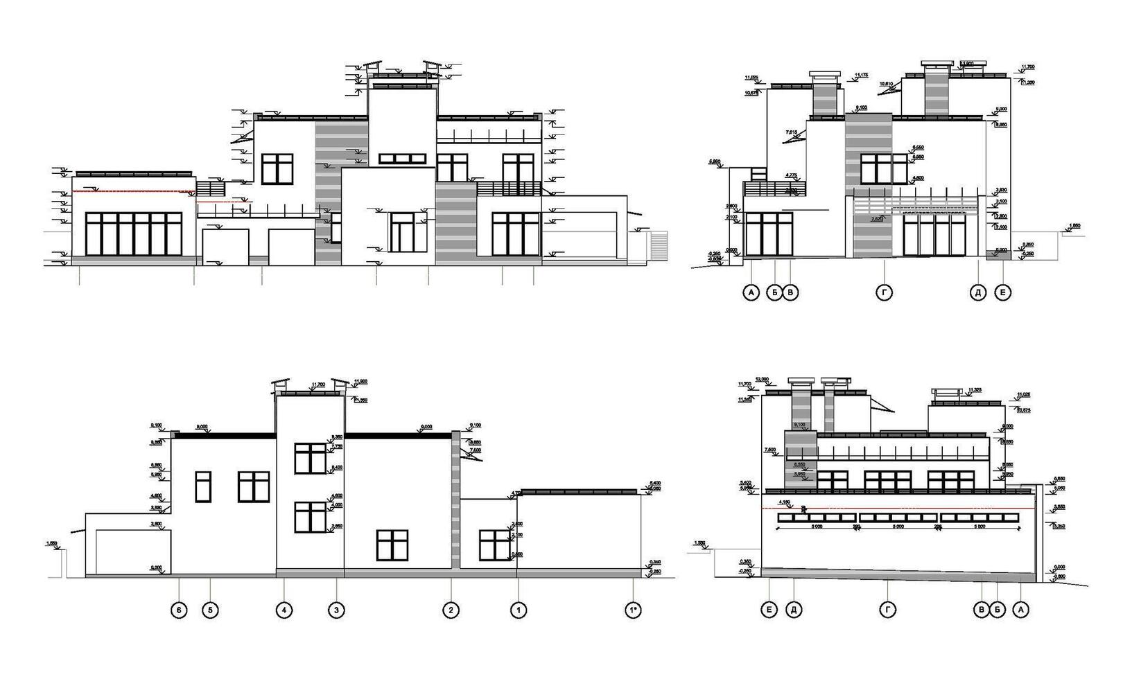 conjunto do privado casa fachadas, detalhado arquitetônico técnico desenho, vetor projeto