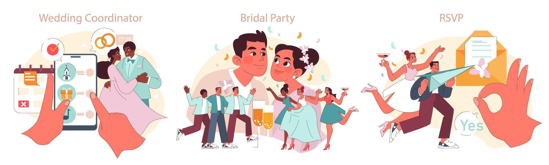 Casamento eventos definir. plano vetor ilustração.