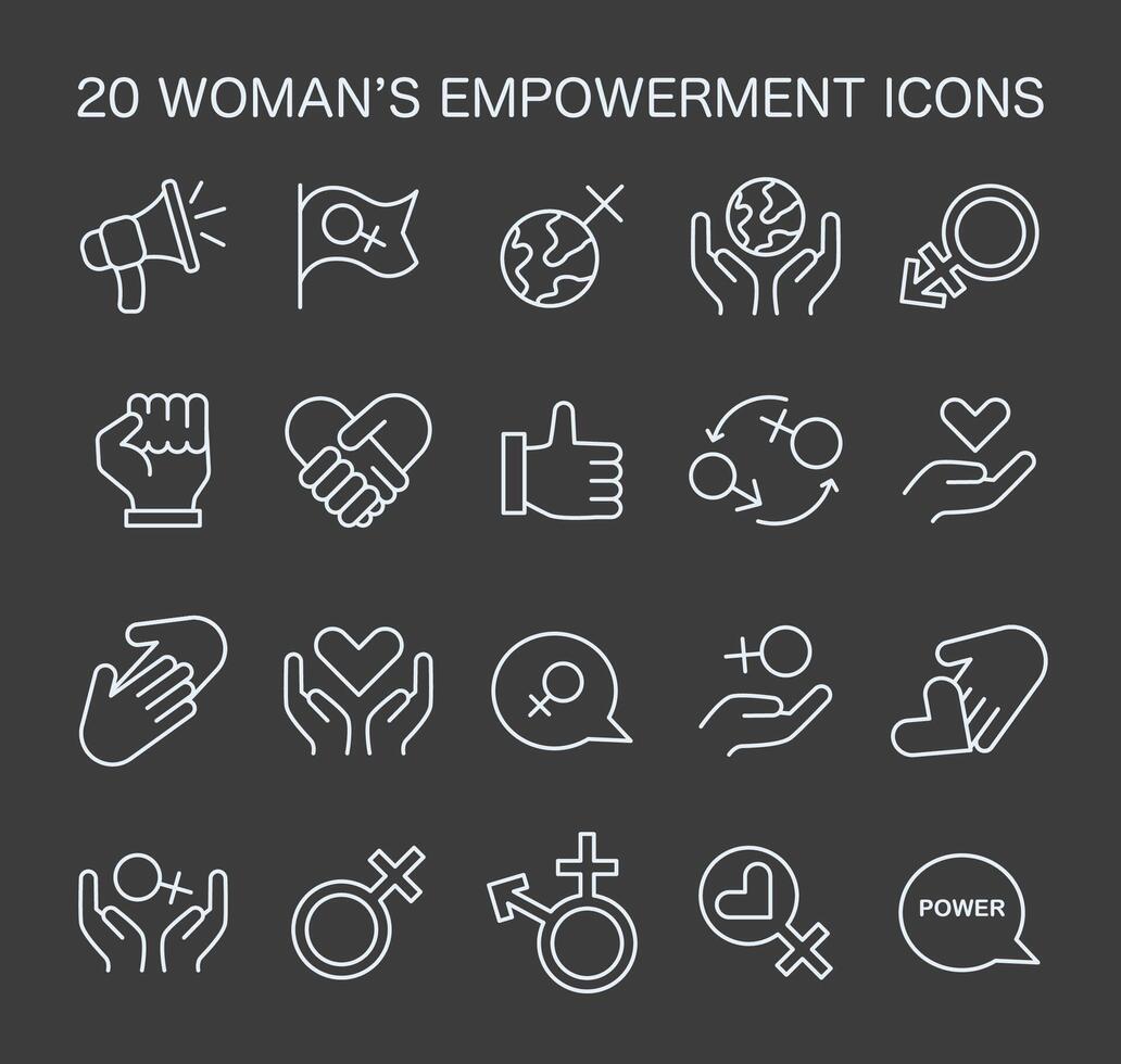 mulheres fortalecimento ícones definir. uma compreensivo coleção vetor