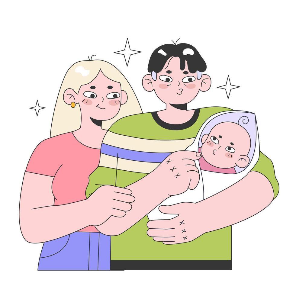pais segurando recém-nascido bebê. feliz família, pai, mãe vetor