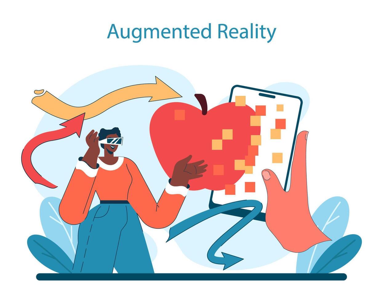 aumentado realidade inovação. uma do utilizador interage com uma digital maçã através ar vetor