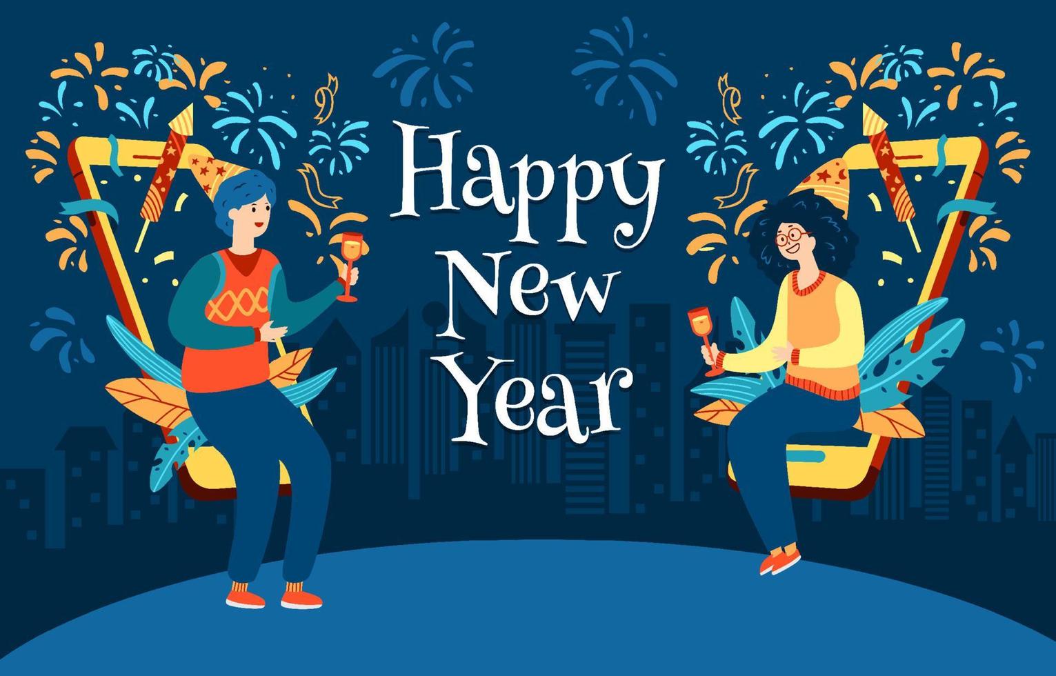 celebração virtual de ano novo com fogos de artifício e champanhe vetor