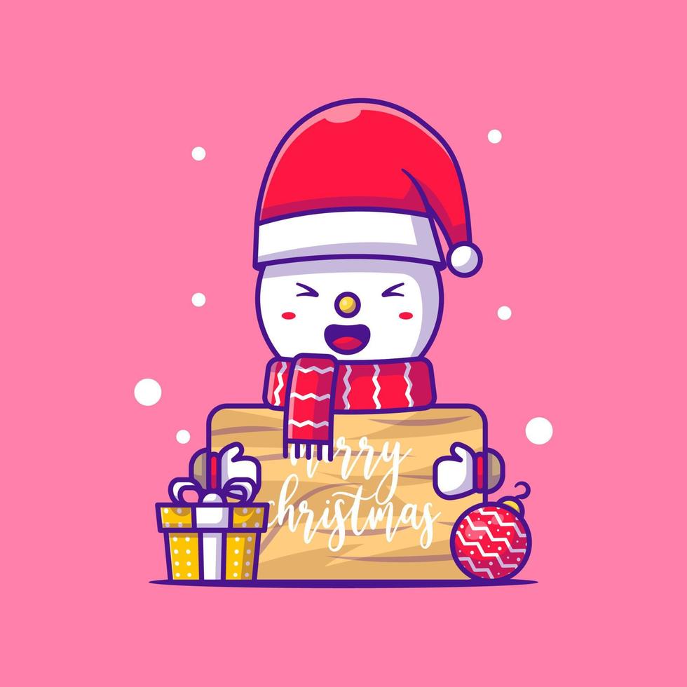 personagem de boneco de neve com banner de madeira de feliz natal vetor