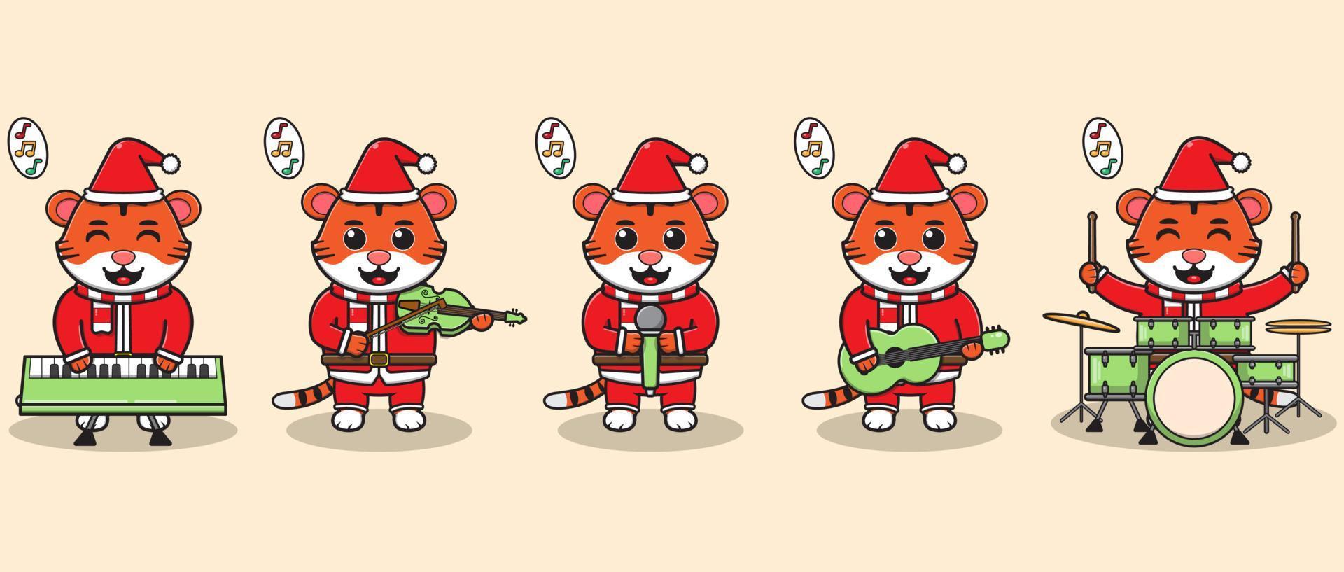 ilustração em vetor de um lindo tigre papai noel tocando um instrumento musical