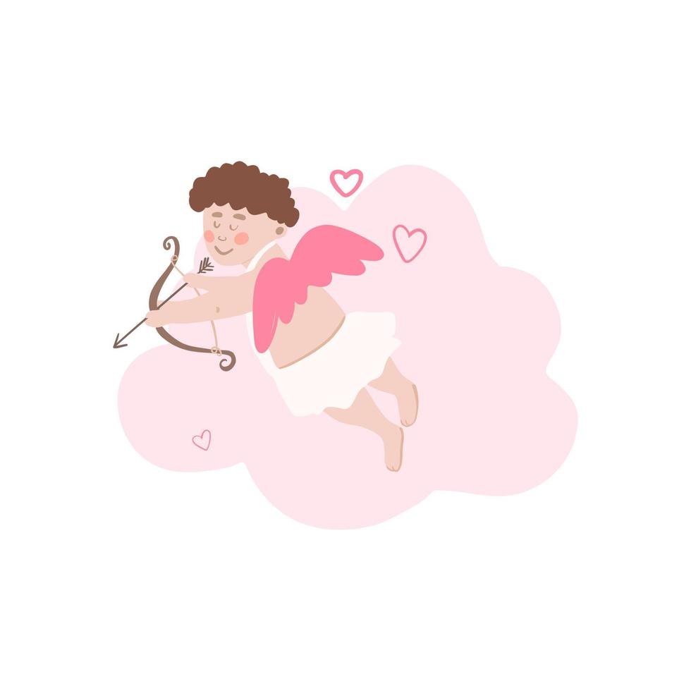 Vector cupido anjo bonito com arco e flecha, nuvem rosa. ilustração fofa, cartão do dia dos namorados