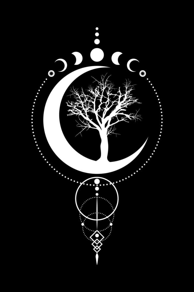 fases místicas da lua, árvore da vida, geometria sagrada. lua tripla, símbolo da deusa wiccan pagã de meia lua, sinal da bandeira wicca de silhueta, círculo de energia, vetor de estilo boho isolado no fundo preto