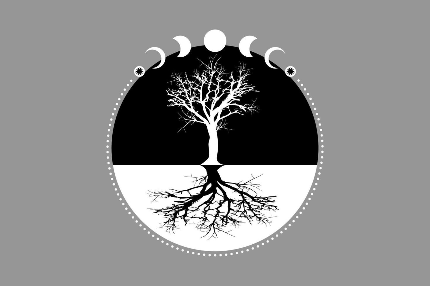 fases místicas da lua, árvore da vida, geometria sagrada. árvore e raízes. símbolo de deusa wiccan pagã de lua tripla, sinal de bandeira wicca de silhueta, círculo de energia, vetor de estilo boho isolado em fundo cinza