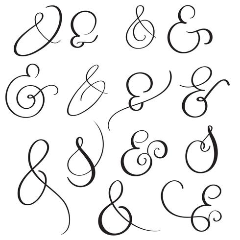 Sinal e Ampersand ajustados do vintage do vetor no fundo branco. Caligrafia, lettering, ilustração, EPS10