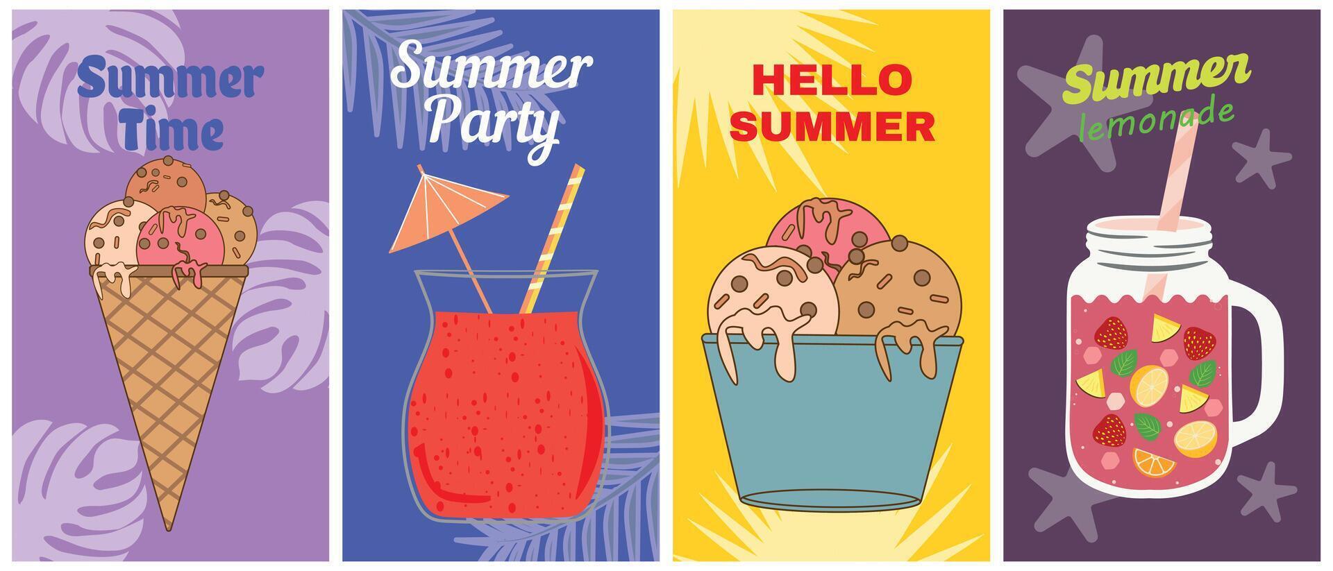 conjunto do verão panfletos, cartões com tropical temas, fruta bebidas e gelo creme. brilhante e delicado faixas e cartazes do a quente verão temporada. vetor cartazes para publicidade ou modelos para Projeto.