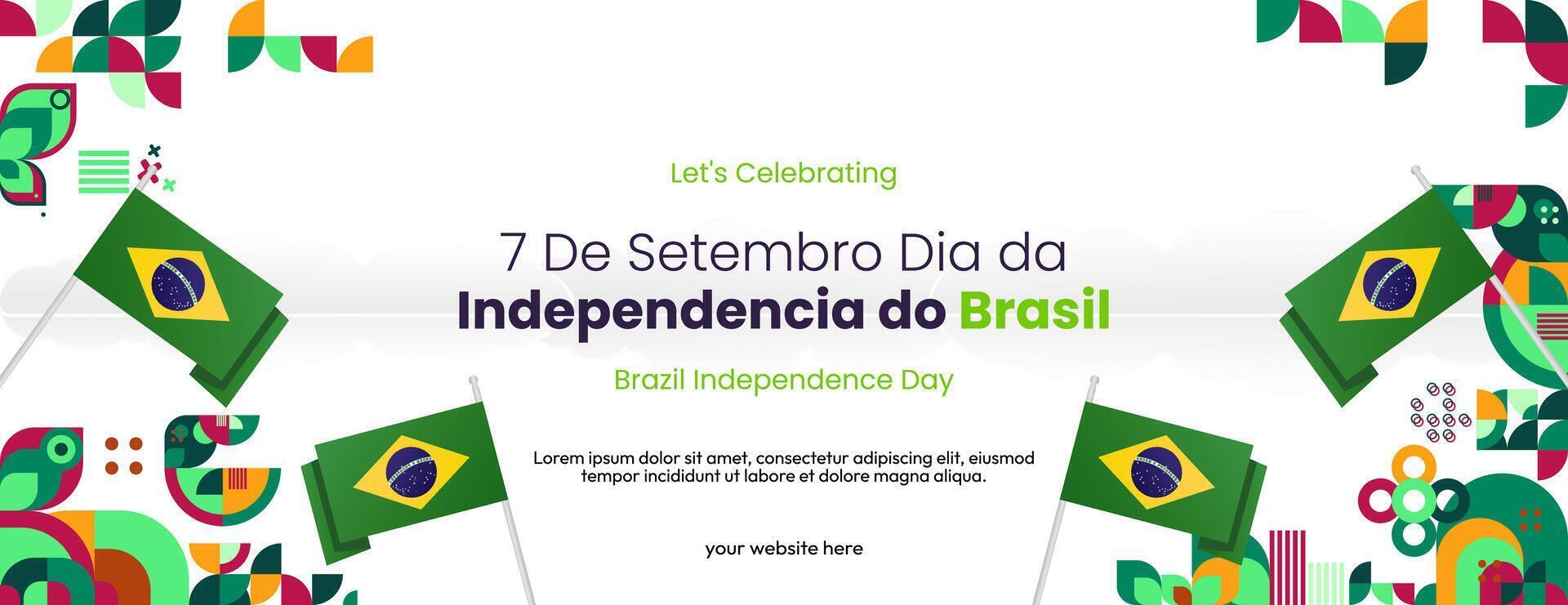 Brasil independência dia bandeira dentro moderno colorida geométrico estilo. nacional independência dia cumprimento cartão com tipografia. horizontal fundo para nacional feriado celebração festa vetor