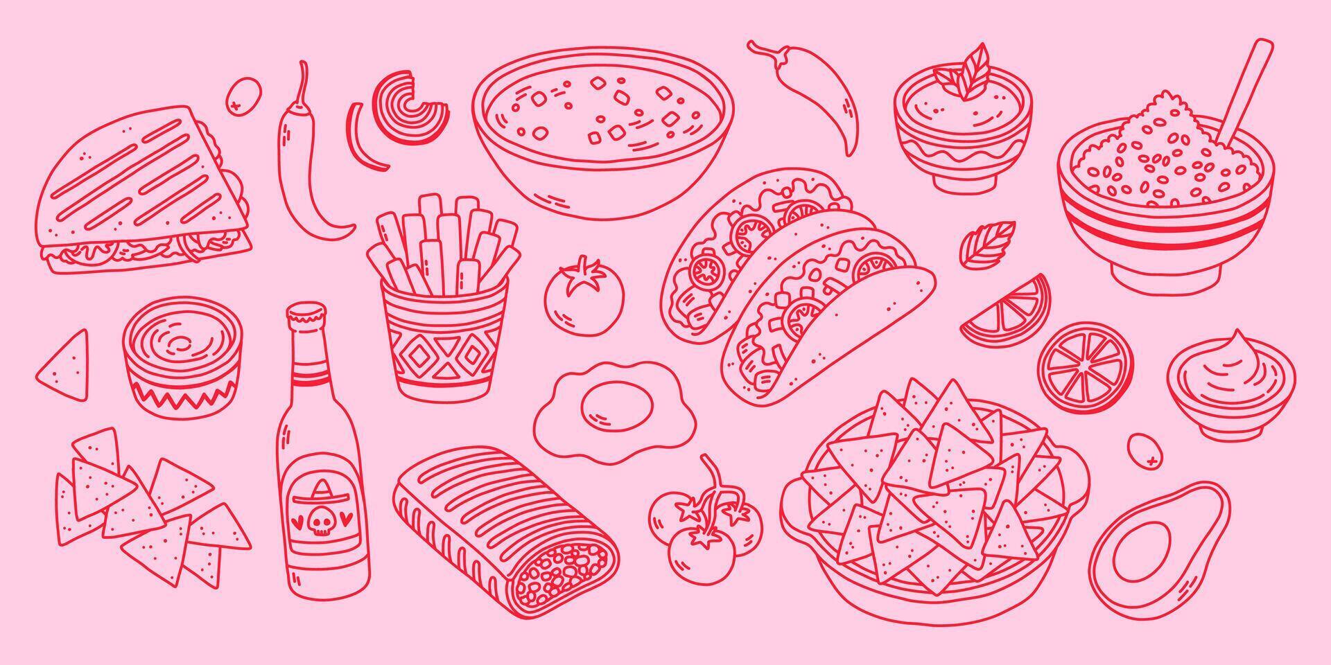 na moda mexicano Comida linha arte dentro Rosa cores. linha arte vetor mão desenhado rabisco desenho animado conjunto do mexicano Comida tema Unid, objetos e símbolos. vetor ilustração