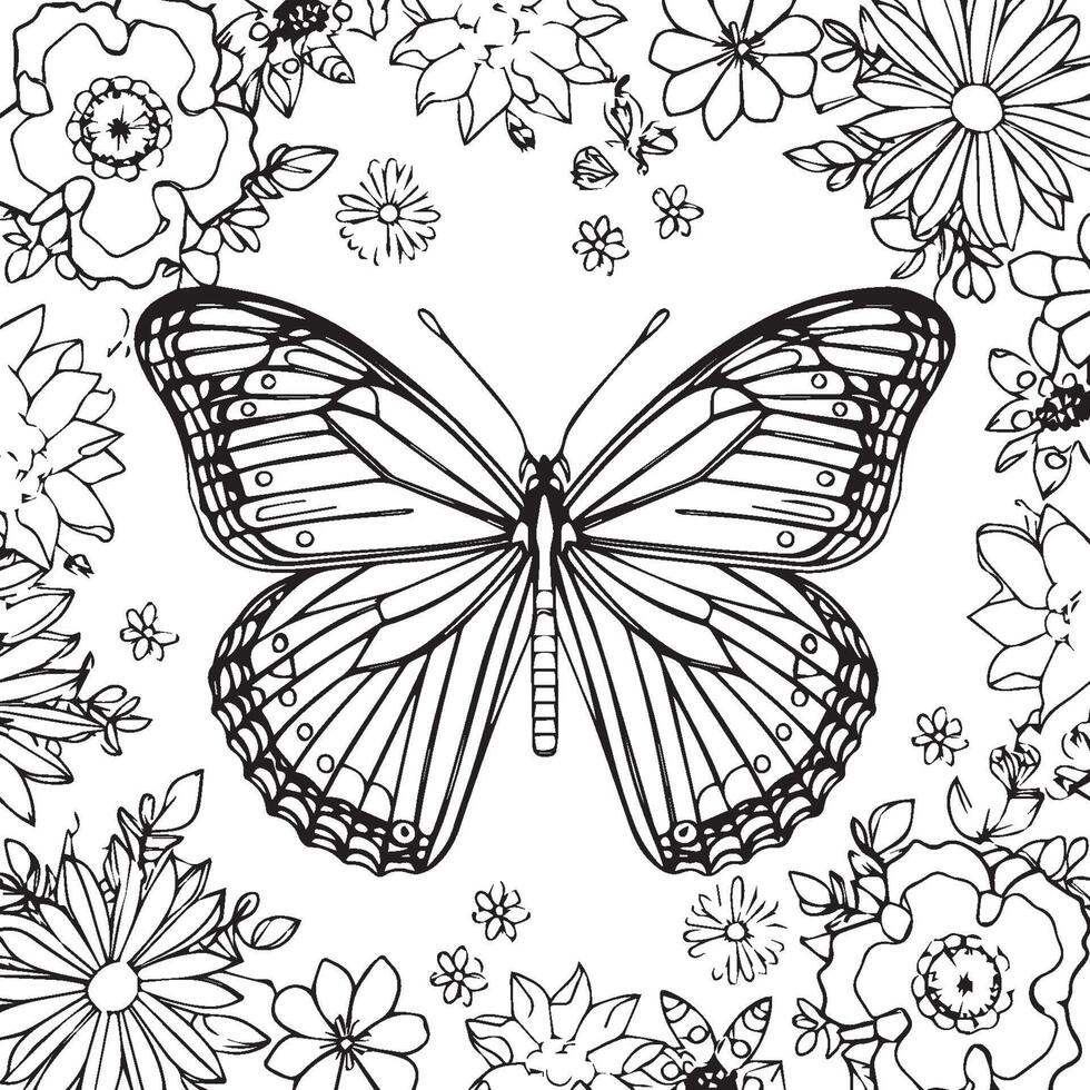 borboletas e flores coloração Páginas para coloração livro vetor