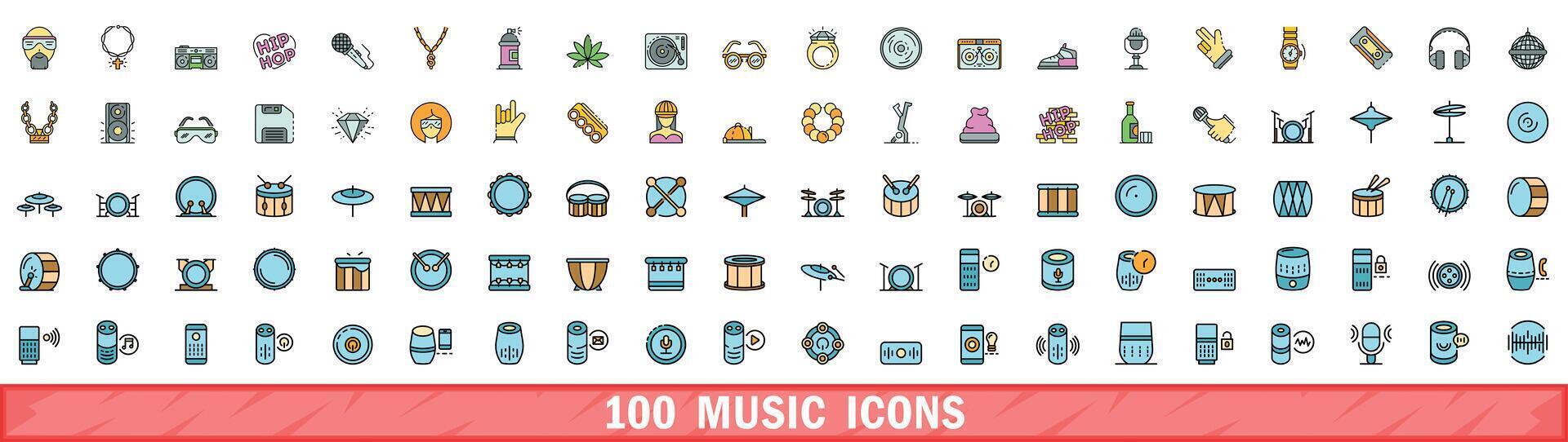 100 música ícones definir, cor linha estilo vetor