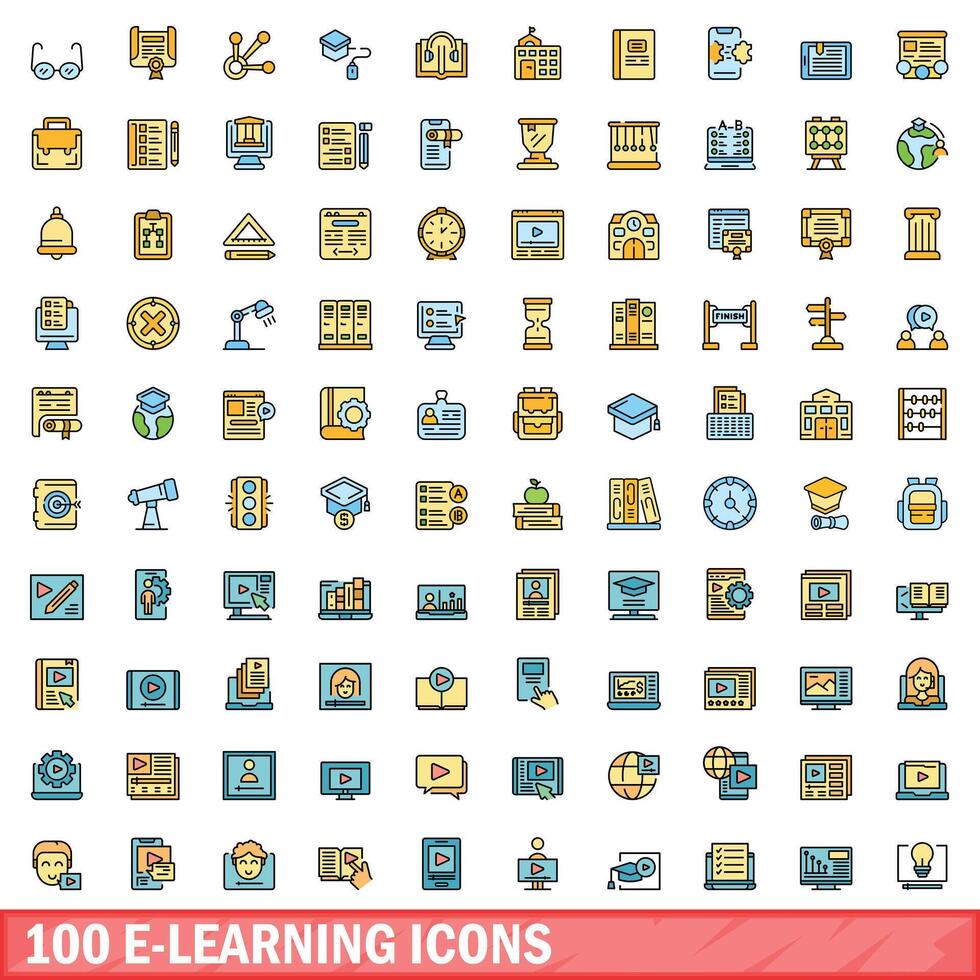 100 e-learning ícones definir, cor linha estilo vetor