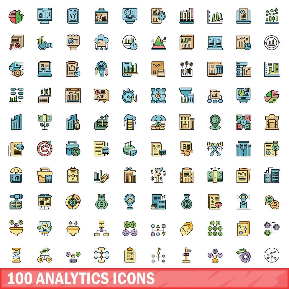 100 analytics ícones definir, cor linha estilo vetor