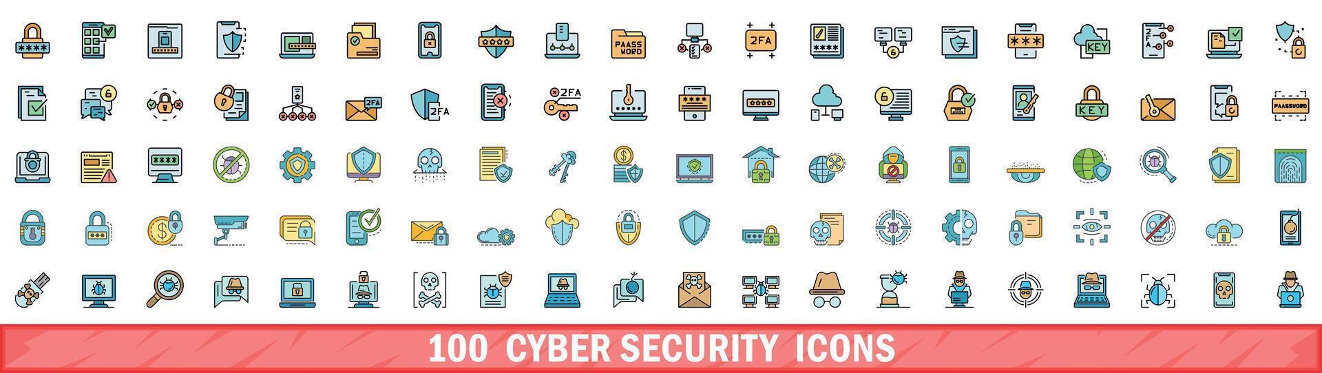 100 cyber segurança ícones definir, cor linha estilo vetor